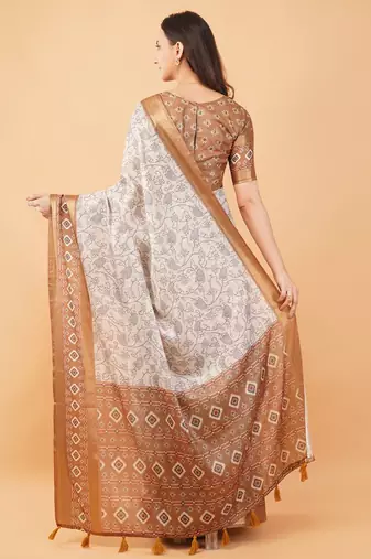 Off white polyester printed saree with blouse