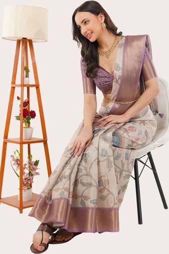 Off white polyester printed saree with blouse
