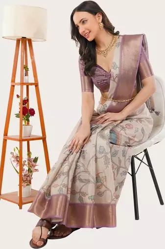 Off white polyester printed saree with blouse