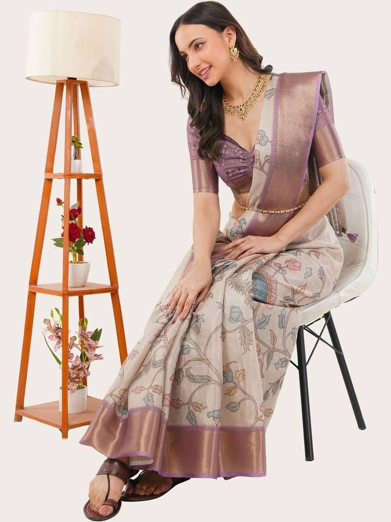 Off white polyester printed saree with blouse
