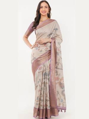 Off white polyester printed saree with blouse 2
