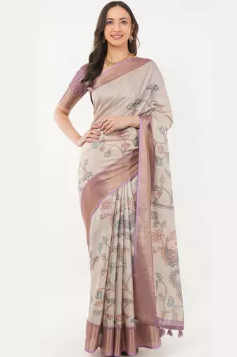 Off white polyester printed saree with blouse