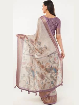 Off white polyester printed saree with blouse 4