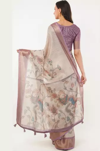 Off white polyester printed saree with blouse