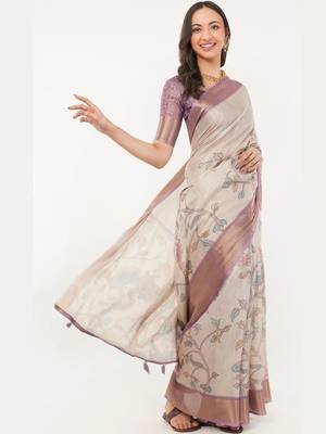 Off white polyester printed saree with blouse 5