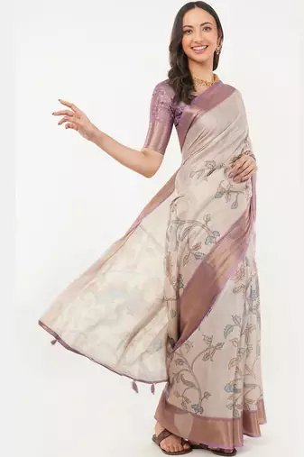Off white polyester printed saree with blouse