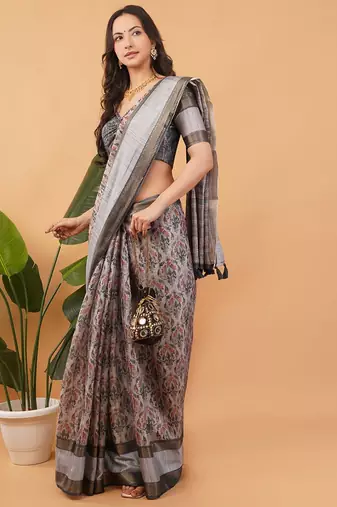 Grey polyester printed saree with blouse
