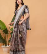 Grey polyester printed saree with blouse