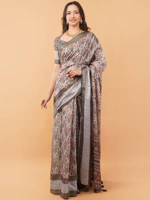 Grey polyester printed saree with blouse 2