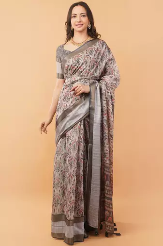 Grey polyester printed saree with blouse