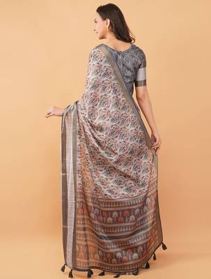 Grey polyester printed saree with blouse 3