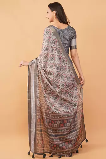 Grey polyester printed saree with blouse