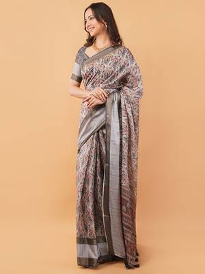 Grey polyester printed saree with blouse 5