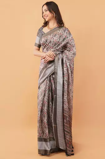 Grey polyester printed saree with blouse