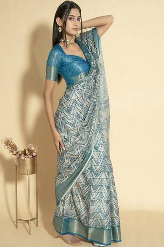 Blue polyester woven design saree with blouse