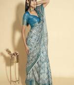 Blue polyester woven design saree with blouse