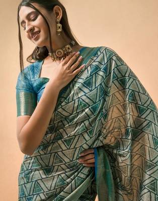 Blue polyester woven design saree with blouse 3