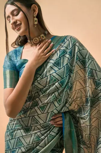 Blue polyester woven design saree with blouse