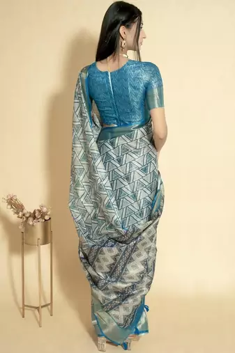 Blue polyester woven design saree with blouse
