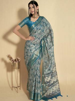 Blue polyester woven design saree with blouse 5