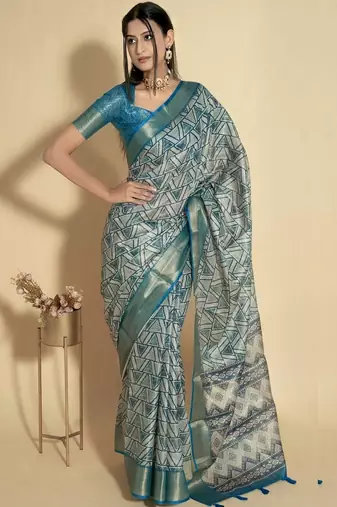 Blue polyester woven design saree with blouse