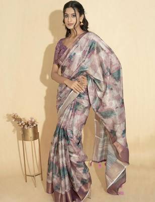 Purple polyester printed saree with blouse 1