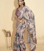 Purple polyester printed saree with blouse
