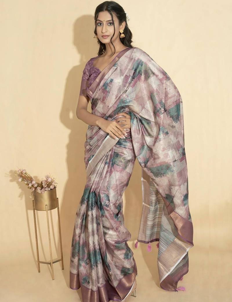 Purple polyester printed saree with blouse