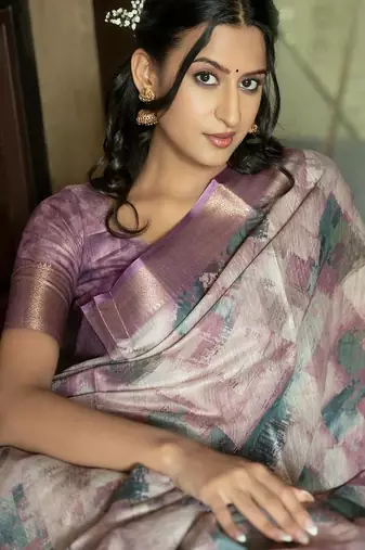 Purple polyester printed saree with blouse