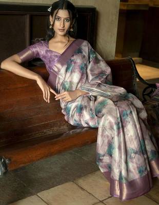 Purple polyester printed saree with blouse 3