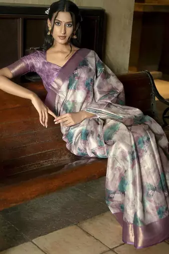 Purple polyester printed saree with blouse