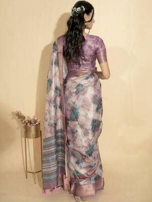 Purple polyester printed saree with blouse 4