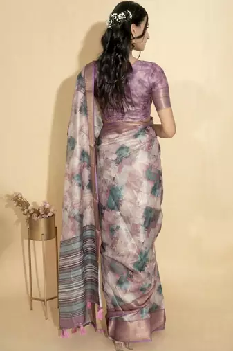 Purple polyester printed saree with blouse