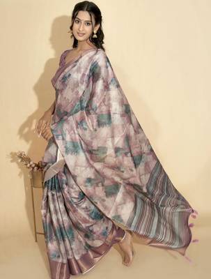 Purple polyester printed saree with blouse 5