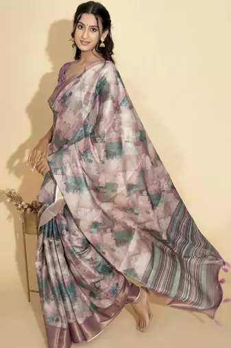 Purple polyester printed saree with blouse