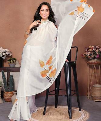 Off white organza printed saree with blouse 2