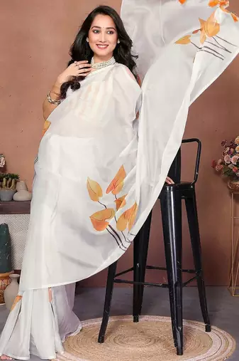 Off white organza printed saree with blouse