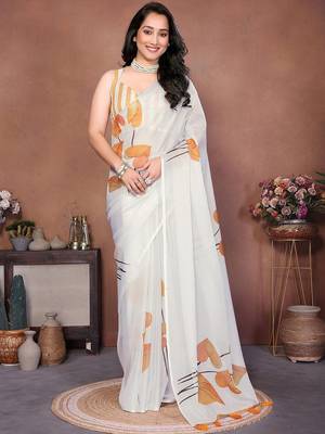 Off white organza printed saree with blouse 3