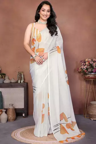 Off white organza printed saree with blouse