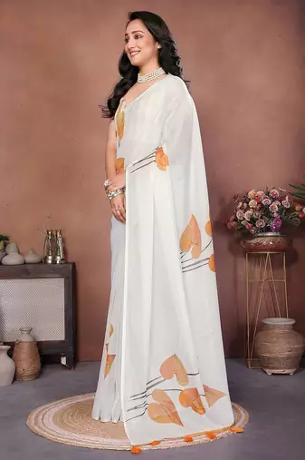 Off white organza printed saree with blouse