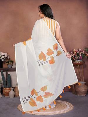 Off white organza printed saree with blouse 5