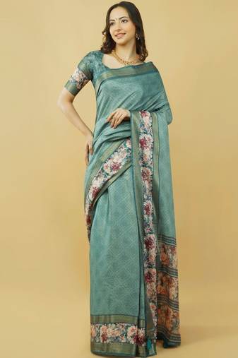Sea green polyester printed saree with blouse