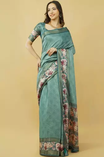 Sea green polyester printed saree with blouse