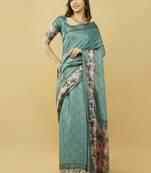 Sea green polyester printed saree with blouse