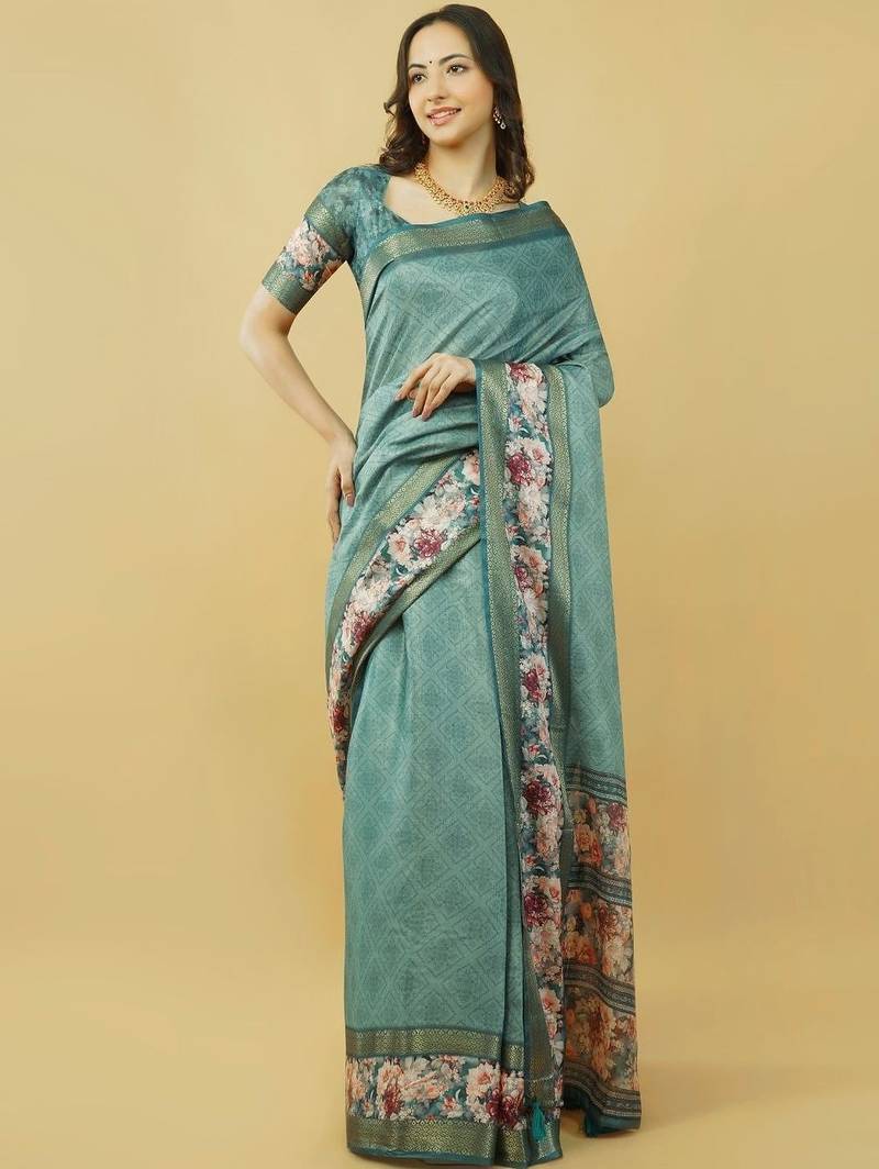 Sea green polyester printed saree with blouse