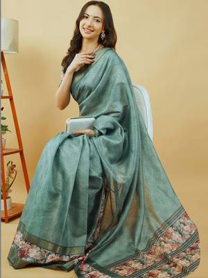 Sea green polyester printed saree with blouse 2