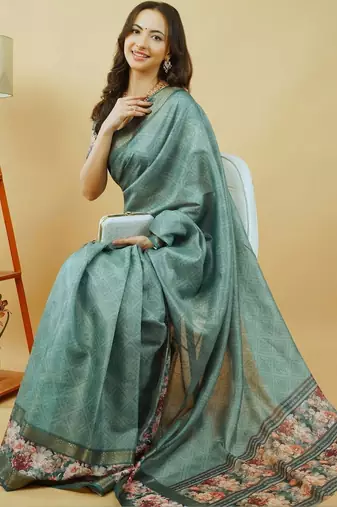 Sea green polyester printed saree with blouse