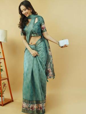 Sea green polyester printed saree with blouse 3