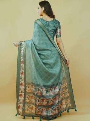 Sea green polyester printed saree with blouse 4