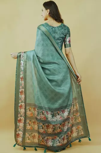 Sea green polyester printed saree with blouse